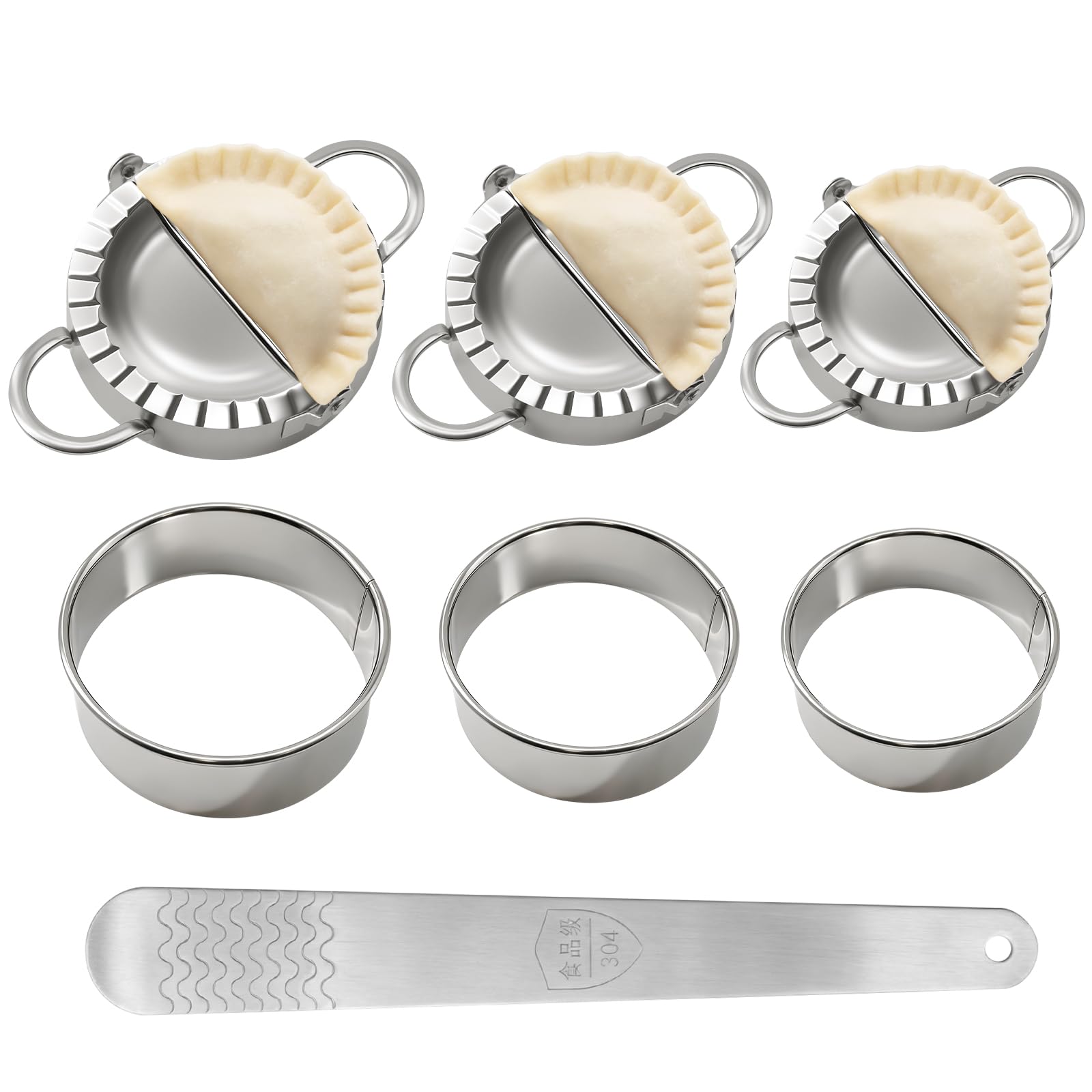 3-in-1 Teigtaschen- und Empanada-Maker-Set aus Edelstahl, professionelle Pressform in 3 Größen (9,7 cm, 12,7 cm, 15,2 cm) und Teigschneider, Füllschaufel, spülmaschinenfest für einfache Reinigung