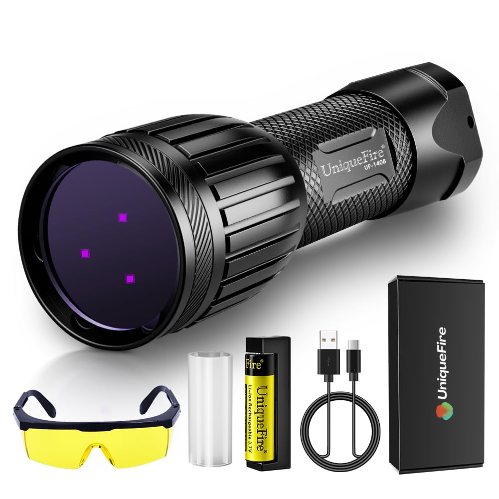 UniqueFire 1408 365nm Black Light UV Flashlight with 3 LEDs Professional UV Light,Powerful Blacklight Flashlight for Pet Urine Finding & Mineral, Antique Detection, Scorpion Search, etc