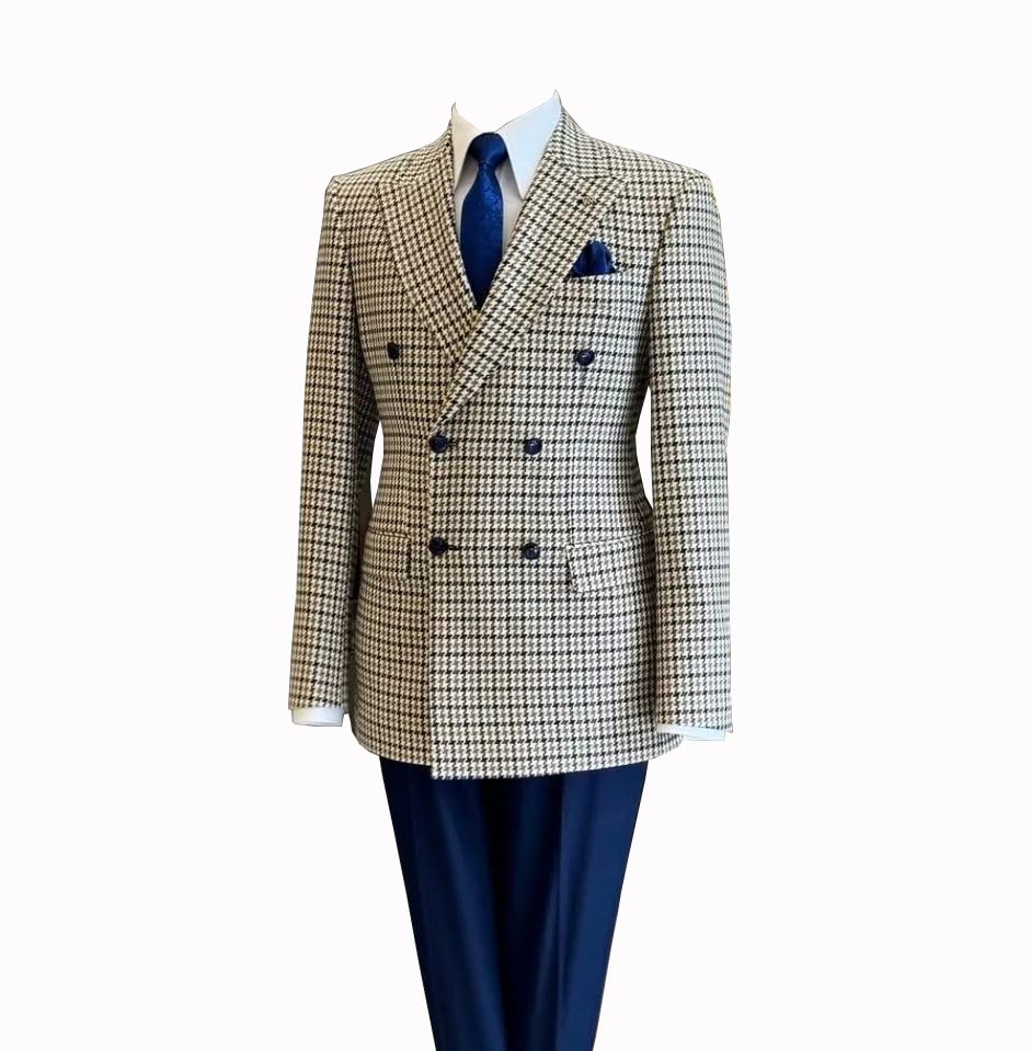 Houndstooth Blazer Men Slim Fit Plaid Suits Double Breasted Tweed Sports Coat Jacket Tuxedo Prom Wedding Groom