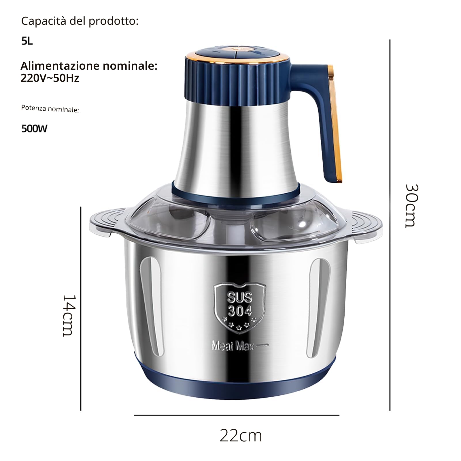 Tritatutto elettrico con ciotola in acciaio inossidabile 5L e 6 lame in acciaio inossidabile, tritacarne multiuso 500 W, 5 velocità, robot frullatore piccolo per tritare carne, cipolla, uova, succo