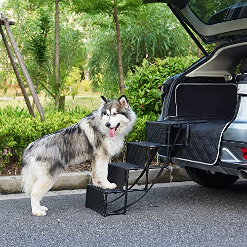 [en.casa] Hundetreppe Colchester Haustiertreppe Einstieghilfe 4-stufig faltbar bis 55 kg für kleine und große Hunde Metall/Polyester Schwarz