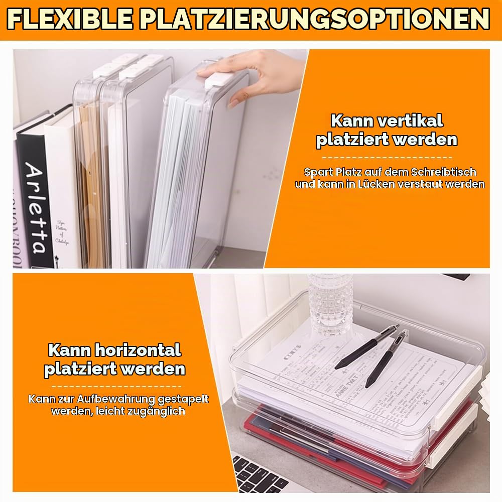 4 Pack Schreibtisch Organizer Dokumentenbox A4 Aufbewahrungsbox mit Deckel 34,5x23,5x6,5cm Tragbares Klick-Design Papieraufbewahrung stapelbare Stiftebox Plastikbox für A4 Papier Organisation