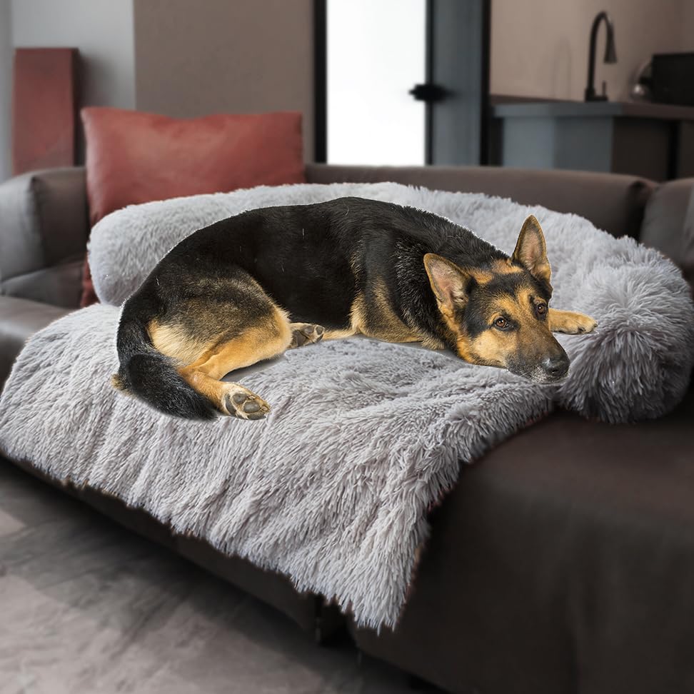 Image of Calming Dogs /Cats Bed Mats, Dog Pad Washable Removable Couch Cover, Plush Long Fur Mat for Pets, Waterproof Lining, Perfect for Small, Medium and Large Dogs and Cats (Light Gray, 45 inchx37 inch)