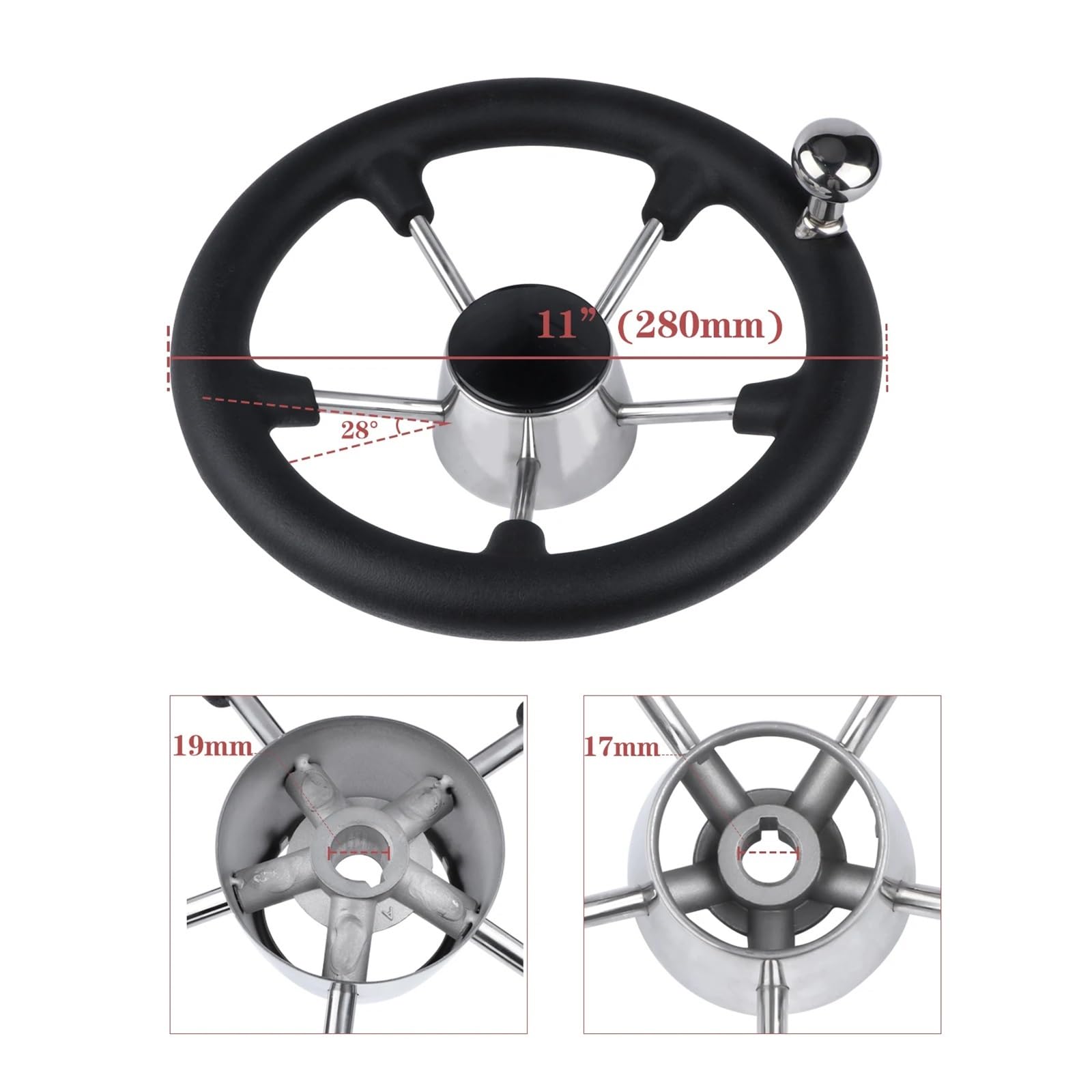 Volante di barca Accessori for barche Volante marino for cacciatorpediniere a 5 razze in acciaio inossidabile da 11 pollici con schiuma nera