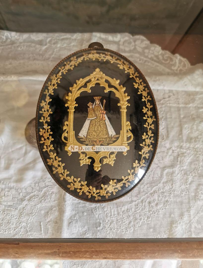 アンティークベルギー 聖母子の紙肖像イコン ボンベガラスドーム