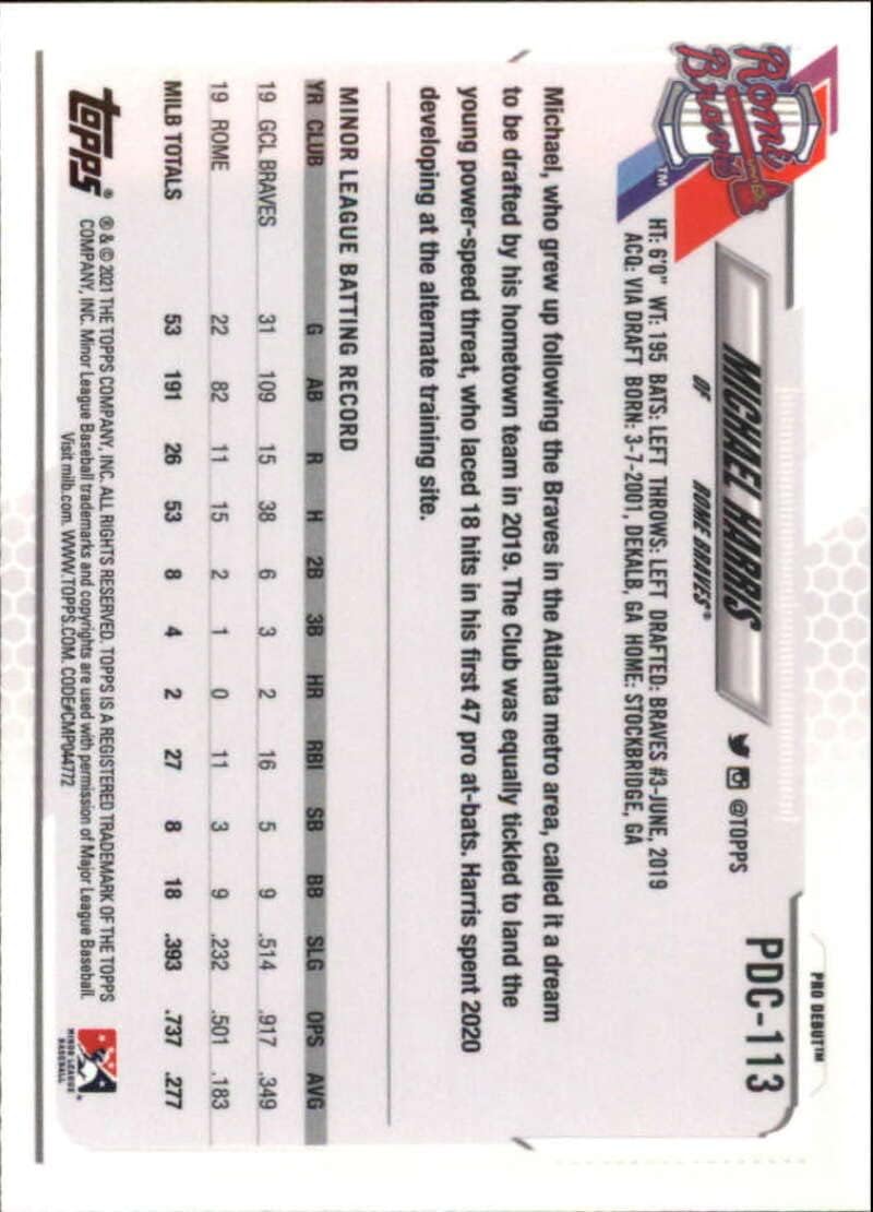 2021 Topps Pro Debut Chrome Baseball #PDC-113 Michael Harris Rome Braves Official MILB Minor League Trading Card Near Mint or better condition (Stock Photo Shown)