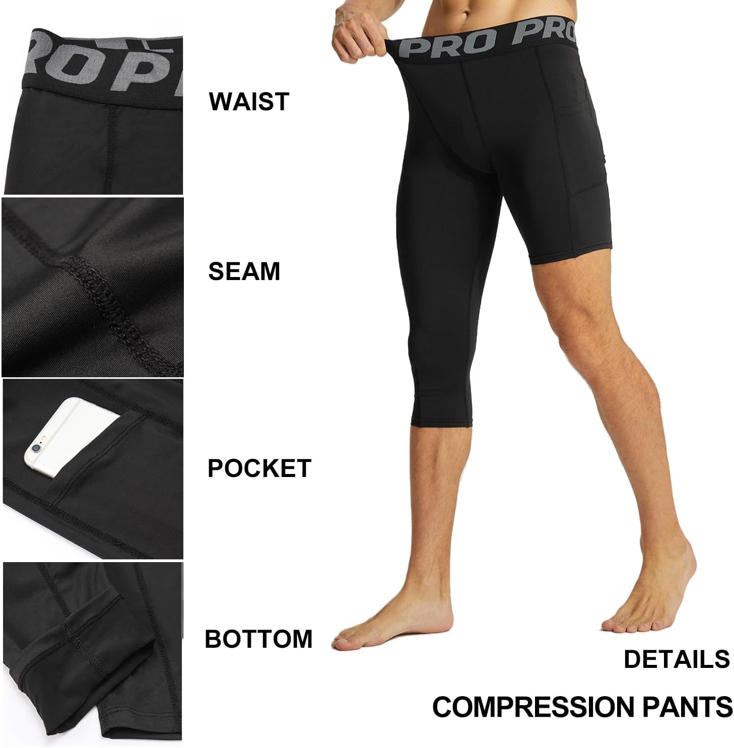 2 Pack Single Leg Compression Pants Men 3/4 Length for Basketball Tights Running Capri Leggings Athletic Baselayer - Image 5