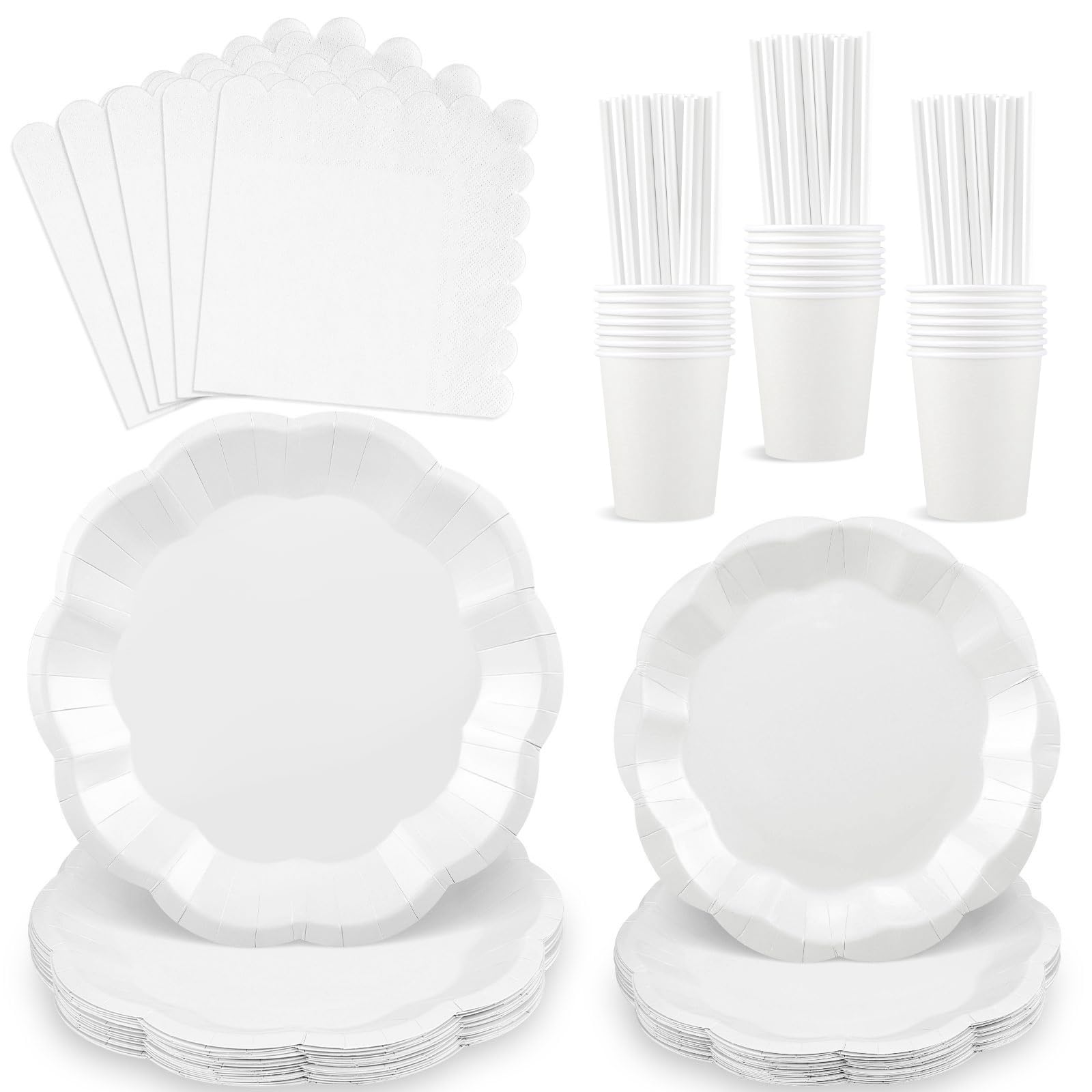 125 Pcs White Paper Plates and Napkins, White Party Supplies Include Scalloped Plate Napkins Cups Paper Straws for Baby Shower, Wedding, Birthday โ image 1