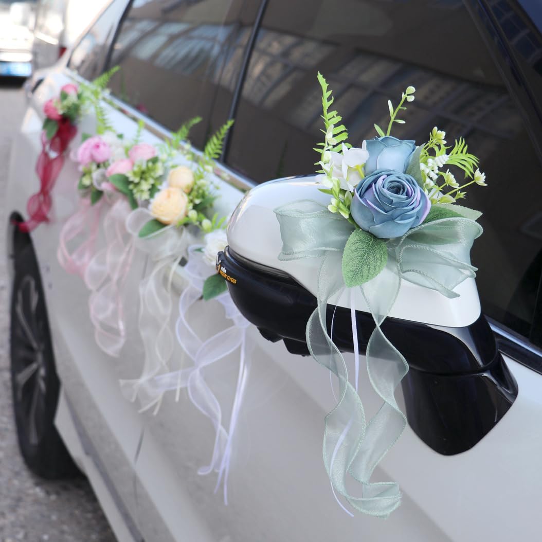 Künstliche Blumen für Hochzeitsauto Dekoration Autoschleife 20×45cm Blumenschleife mit Organzaband Hochzeitsauto Rückspiegel Türgriff Dekoschleife Autoschmuck SeidenblumeRot20 Stück
