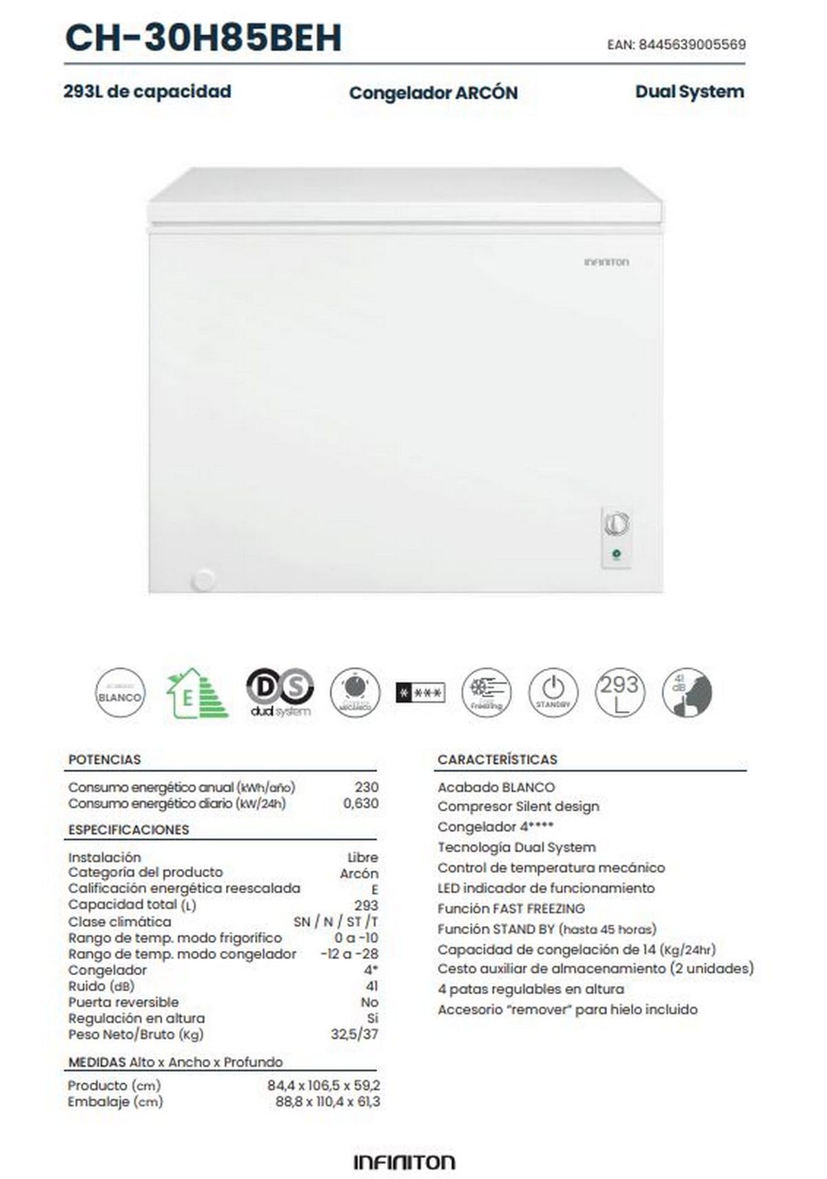 Infiniton Arcon Congelatore CH-30H85BEH, 293 litri, funzione FAST FREEZING, funzione STAND BY, regolazione in altezza, E, bianco, compressore silenzioso design