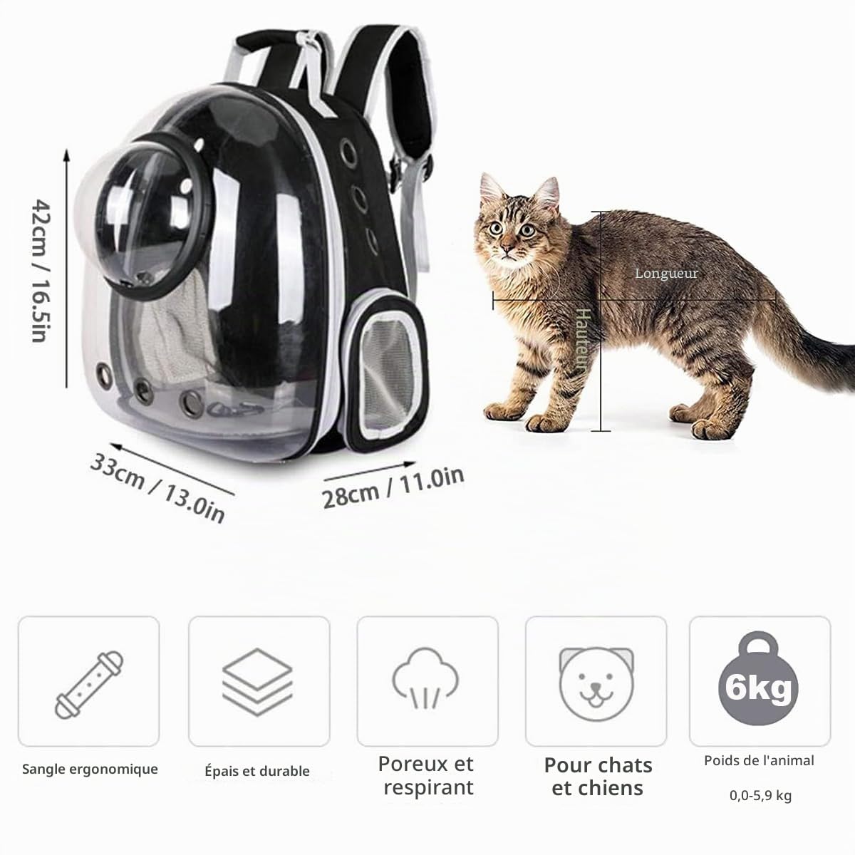 Sac à Dos avec Capsule d'espace pour Animal Domestique de Petite et Moyenne Taille, Transparent, Respirant, résistant à la Chaleur, pour Voyage, randonnée, Marche, Camping (Noir)