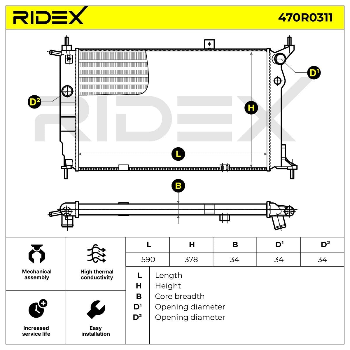 Chłodnica Wody RIDEX 470R0311 Kompatybilny z VAUXHALL Astra Mk III F Kombi T92, OPEL Astra F Caravan T92