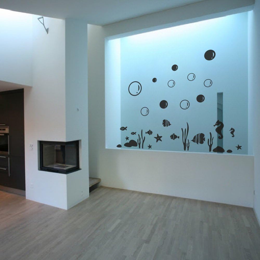 GECKOO Animal Decal Sea Buble Sticker Starfish Seahorse Seaweed Fish Set Bathroom Vinyl Kids Wall Mural ( X-Large, D:Bubles- Black£»Fishes,Starfish,Sea horses- Black£»Seaweed- Black£»Stone- Black)