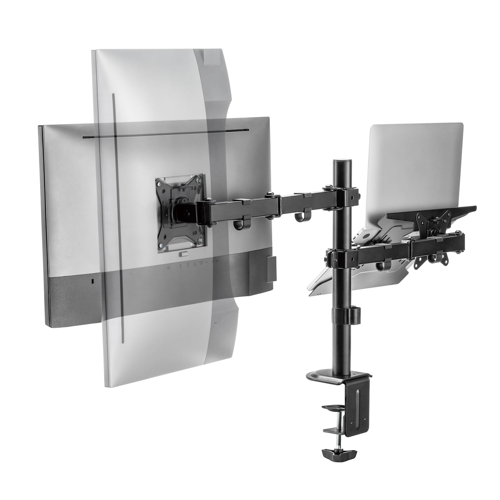 Ewent Supporto Monitor Braccio con Vassoio per Laptop per Schermo LED LCD da 13 a 32 Pollici, Inclinazione Rotazione Supporto Ergonomico da Tavolo con Morsetto, Dimensioni VESA: 75x75-100x100 mm