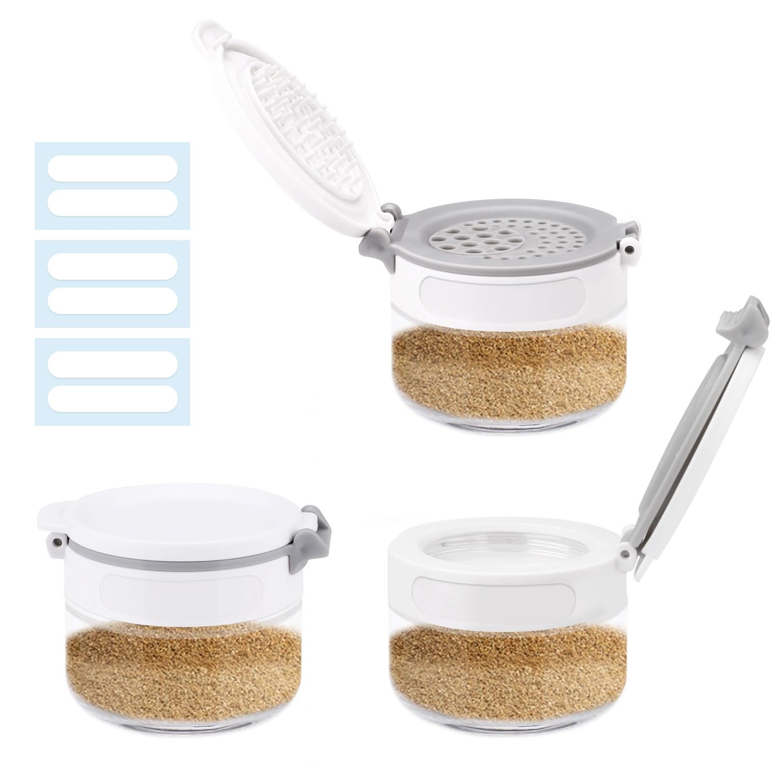 Diakey 3 Pack Spice Shaker for Salt & Pepper, Anti-Clogging, Airtight Lid, Seasoning Containers Glass Spice Jars with 2 Hole Sizes and Labels, 2.9oz
