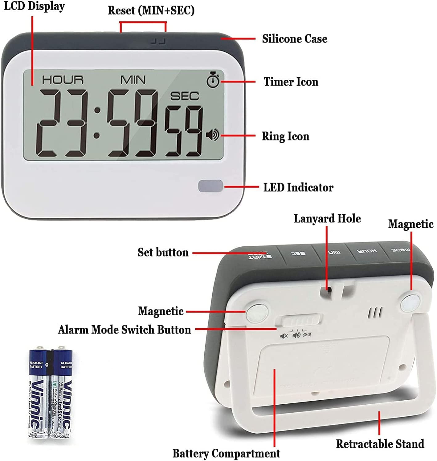 Minutniki, minutnik kuchenny z budzikiem 12/24 godzinny cyfrowy minutnik gotowania, wysuwana podstawa Duży wyświetlacz LCD (kolor: szary) (Color : Grey)
