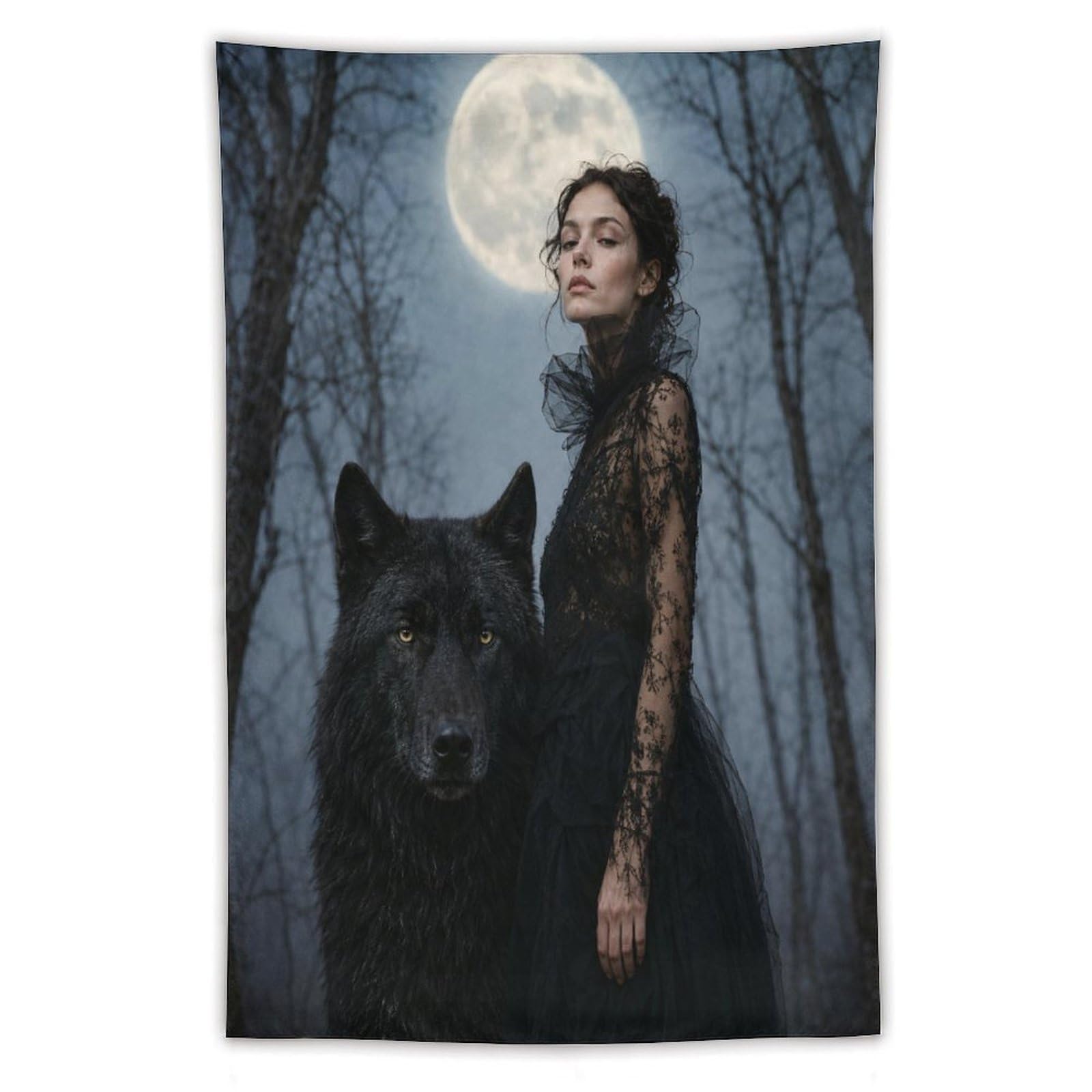 W7C8U2X3 Woman with Black Wolf Wall Tapestry, Surrealist, Room Divider