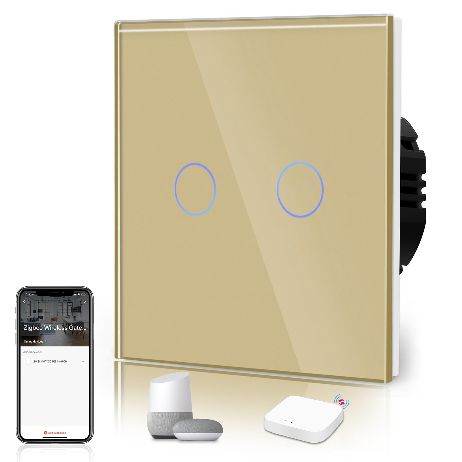 BSEED Smart ZigBee-schakelaar Inbouwlichtschakelaar WiFi-aanraaksensor Glas 2,4 GHz Enkele live-wandschakelaar (hub vereist) Compatibel met Alexa/Google Home/Tuya/Smart Life 2-weg 1-weg goud