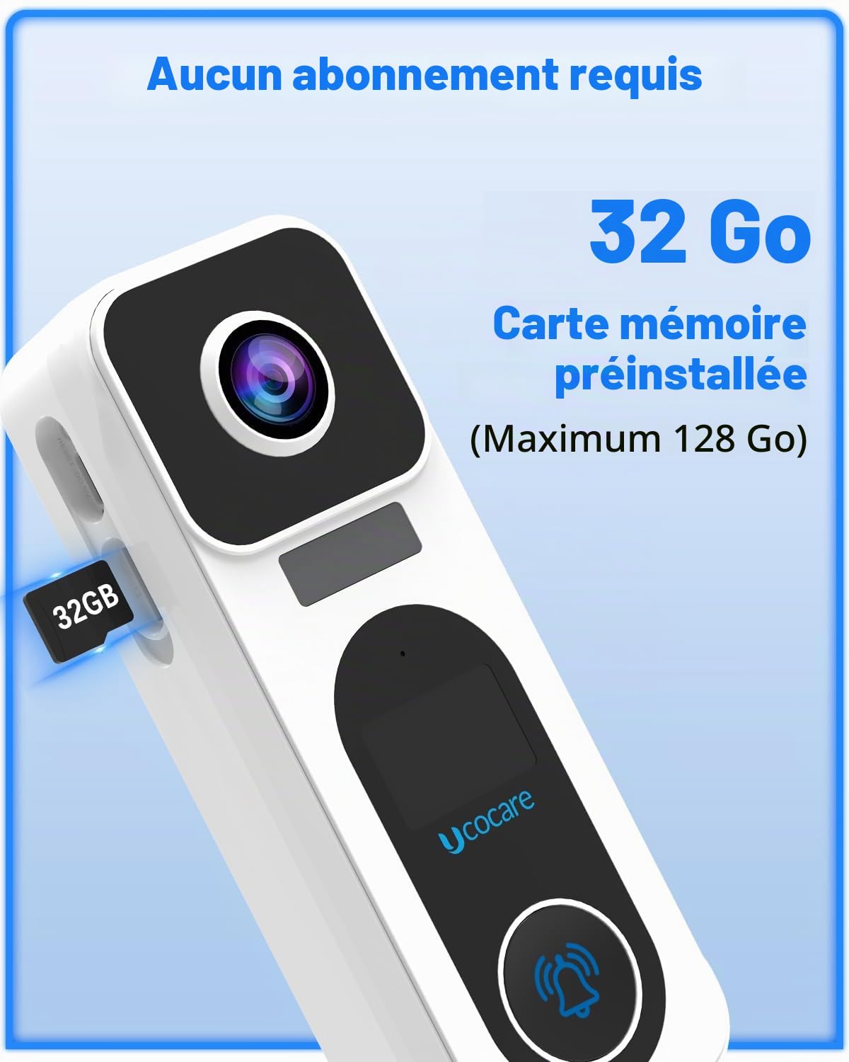 UCOCARE 4MP Sonnette sans Fil avec Camera, Sonnette sans Fil Exterieure Etanche avec Carte Mémoire de 32 Go, Visiophone sans Fil, Aucuns Frais Mensuels, Détection Humanoïde, Alerte Instantanée