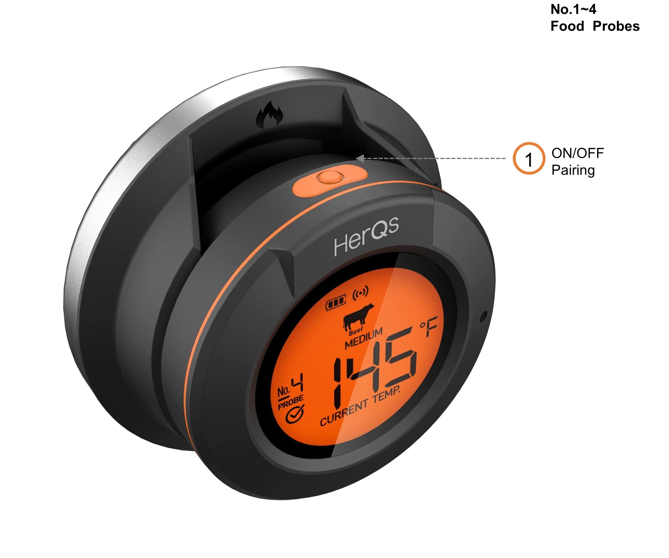 HerQs Dome - Termómetro para barbacoa con Bluetooth, incluye 2 sondas, termómetro digital, con aplicación y alarma de temperatura, hasta 4 sondas, para horno, parrilla, sartén, freidora de aire | Sondas de cable de acero inoxidable, precisión ±1% y temper