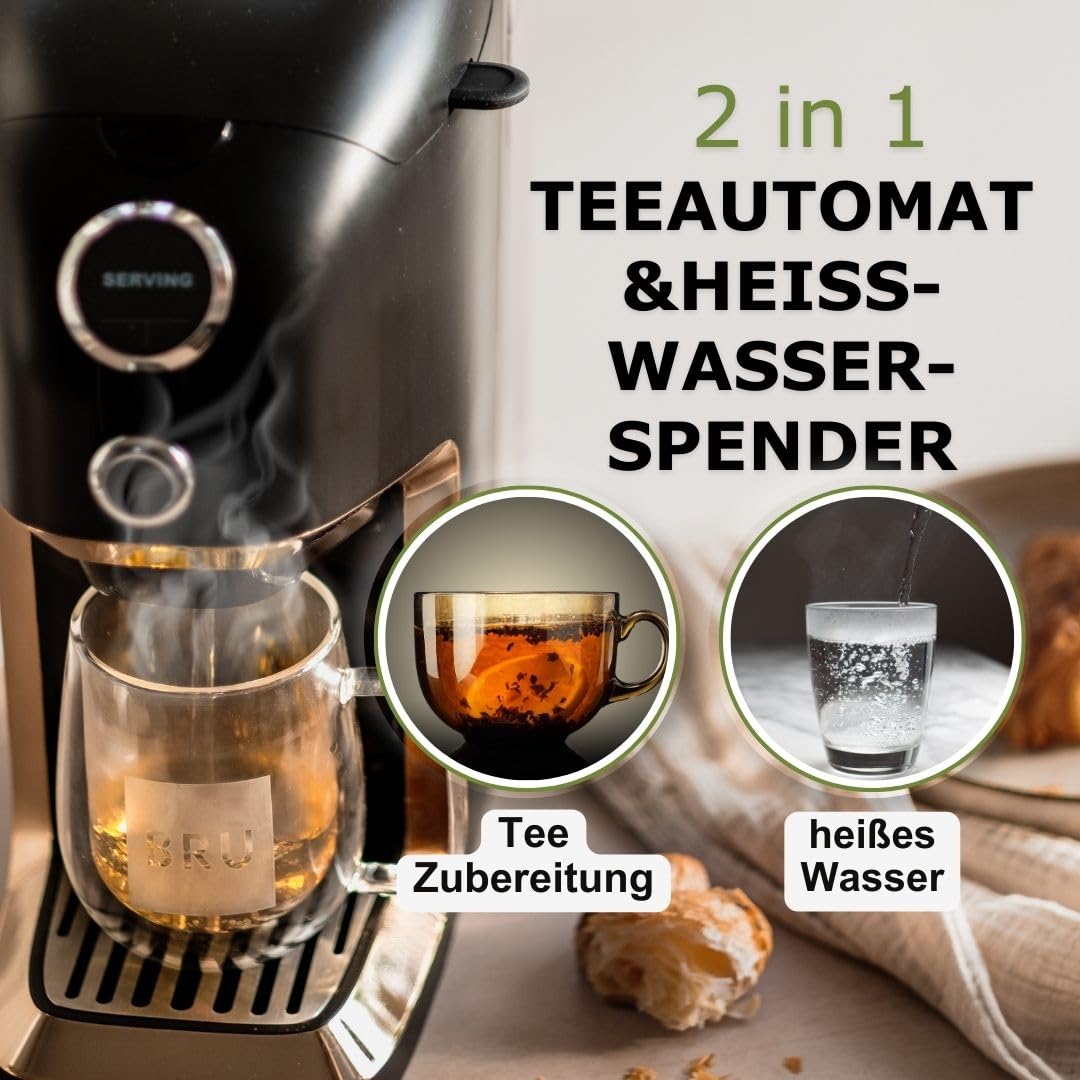 BRU Tee Automat für losen Tee & Kräuter & Teebeutel, OHNE Kapseln, Heißwasserspender & Teemaschine in einem, Tee & filtriertes Wasser auf Knopfdruck, automatisches Reinigungssystem (Schwarz/Chrome)