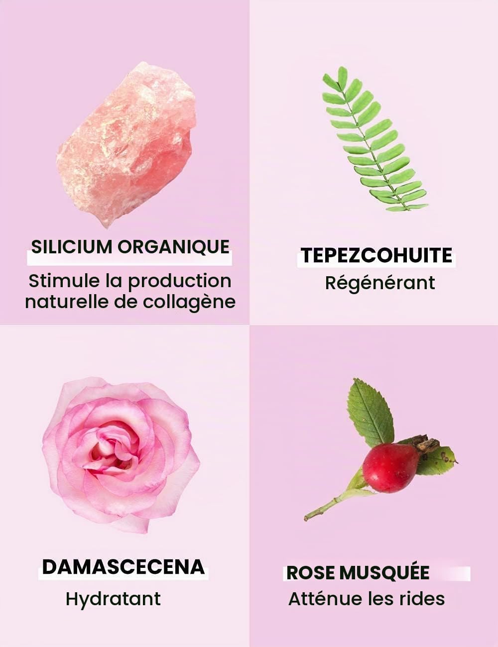 Sérum et Elixir Essentiel. Traitement raffermissant, effet liftant grâce au silicium, aux extraits et aux huiles naturelles. 50 ml de sérum + 20 ml d'élixir essentiel en compte-gouttes.