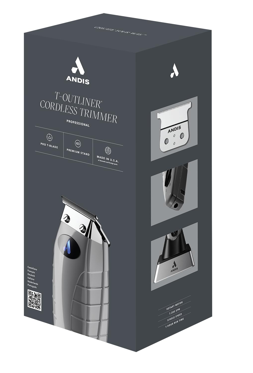 Andis Recortadora Profesional ORL Con/Sin Cable, Gris | Cuchilla T-Outliner de Acero al Carbono Zero Gap, 7.200 SPM, 100 min de Autonomía, 4 Peines, Base de Carga, Cabello y Barba