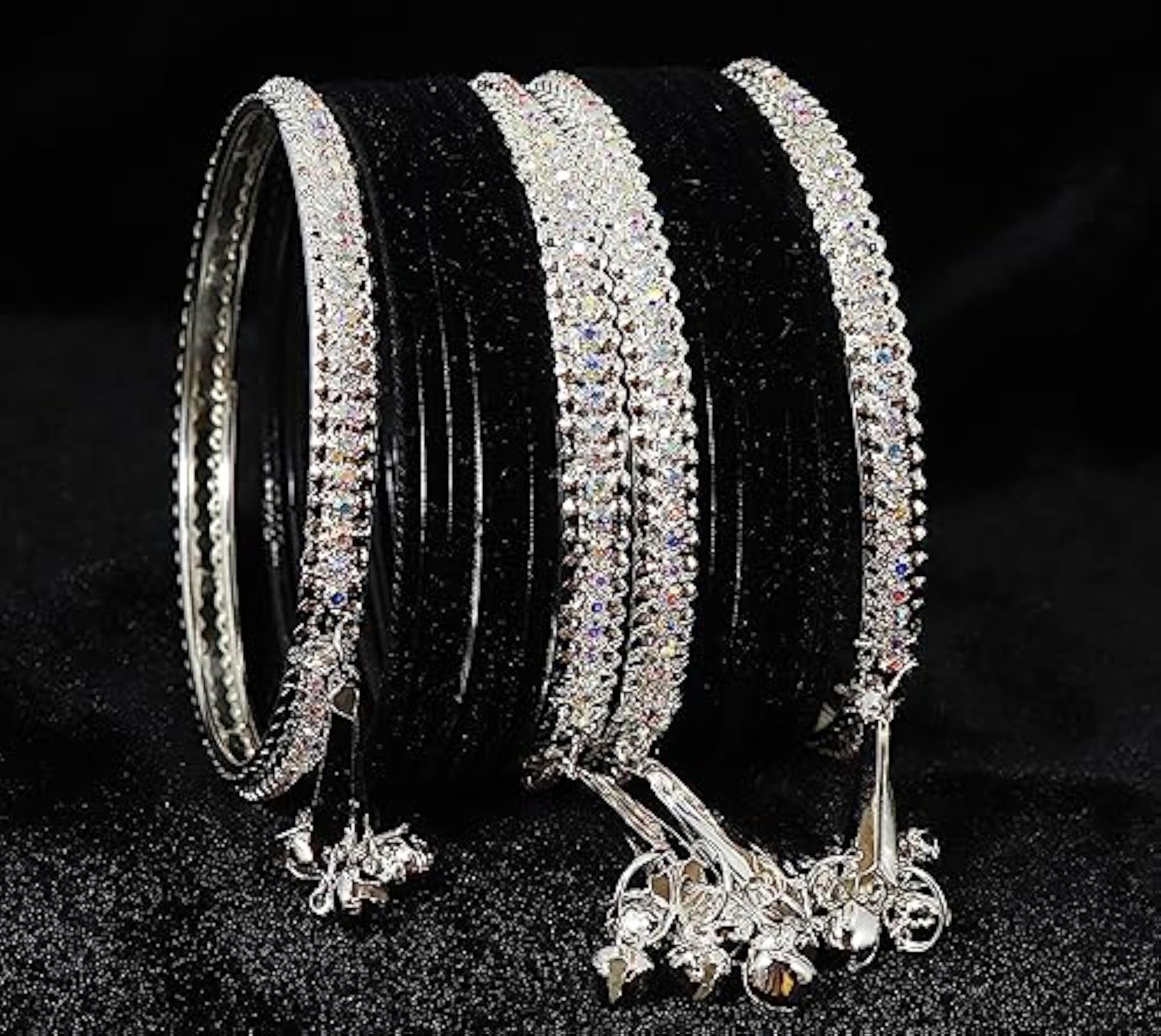 Zircon Gemstone Velvet Bells Bangles Set (Silver, 2.6 Inches)