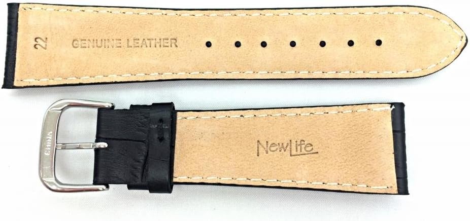NewLife 22mm Black Genuine Leather Watchband | Square Alligator Crocodile Grain, Lightly Padded Replacement Wrist Watchstrap that brings to Any Watch (Mens Standard Length)