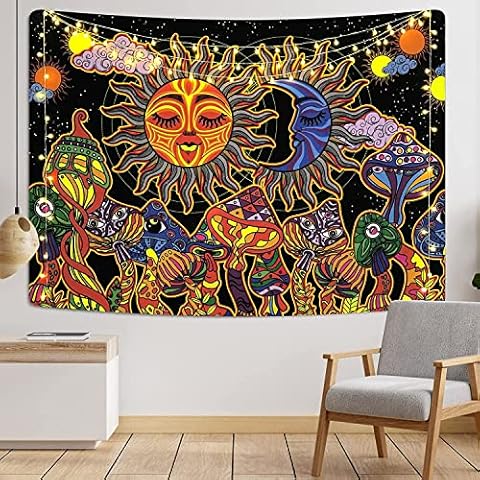 FENDROM Trippy Sun and Moon Tapestry Psychedelic Hippie Mushroom Wall Hanging Fantasy Plants for Bed Room Living Room Cover