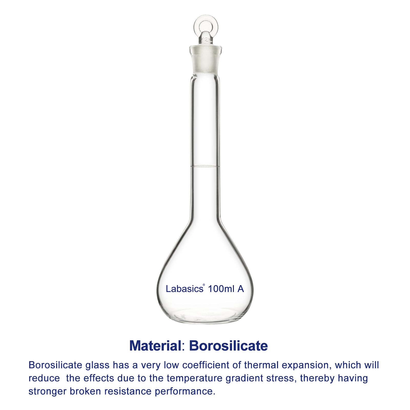 Labasics Matraz Aforado 100 ml Vidrio Borosilicato Clase A Tapón Vidrio Transparente para Laboratorio Químico Analítico