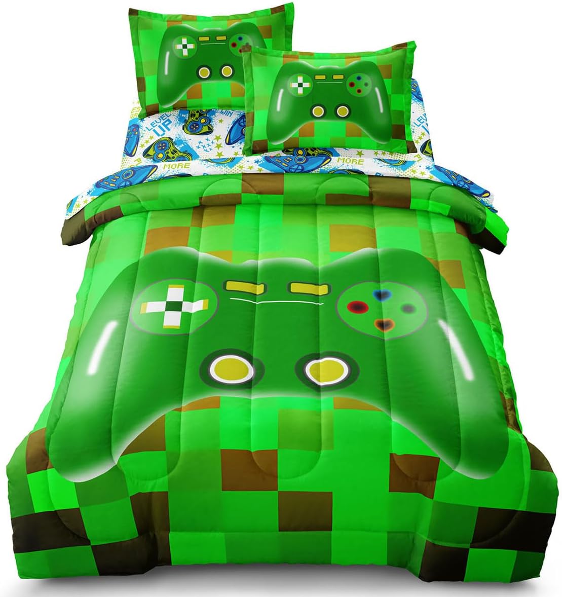 Twin Size Bed in A Bag 5 Pieces Gaming Bedding Set for Boys Blue Gamer Comforter with Sheet Set for Kids Teen Cool Video Game Quilt Bedding Set