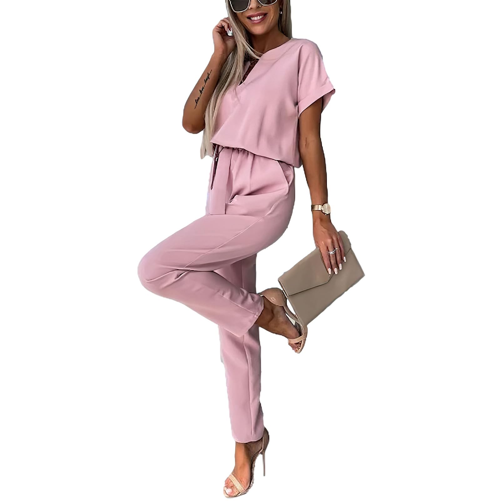 amropi Mono de Manga Corta para Mujer Cuello V Mono de Verano Elegante Pantalones con Cinturón