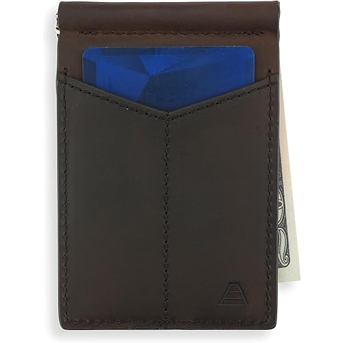 Andar Mens Leather Money Clip, Front Pocket Minimalist Card Holder RFID Blocking Wallet, with Back Saving Bi-Fold Cash Clip - The Baron (Dark Brown)