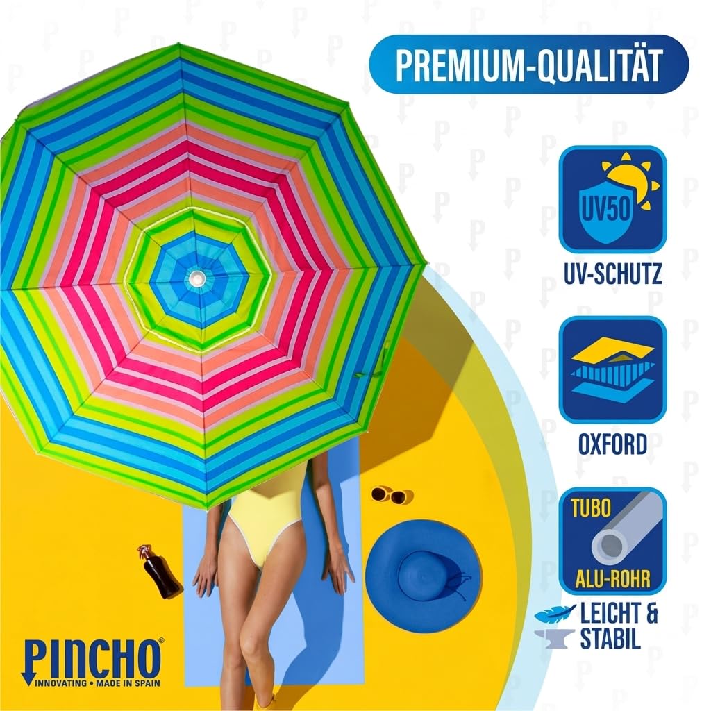 PINCHO Sonnenschirm Strand Windfest Stabil 200 cm - Strandschirm, Sonnenschirm Klein mit UV Schutz 50, Erdspieß, Transporttasche - Stahlrohr22/25 mm, 35 km/h, Blau Weiß