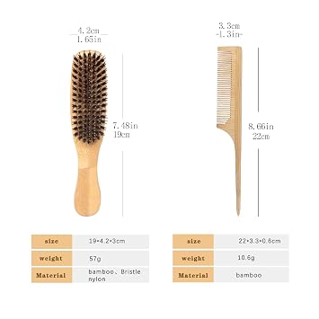 2Pcs Bamboo Hair Brush Set, Bamboo Rat Tail Comb and Boar Bristles Brush for Women Men and Kids Thick/Thin/Curly/Dry Hair