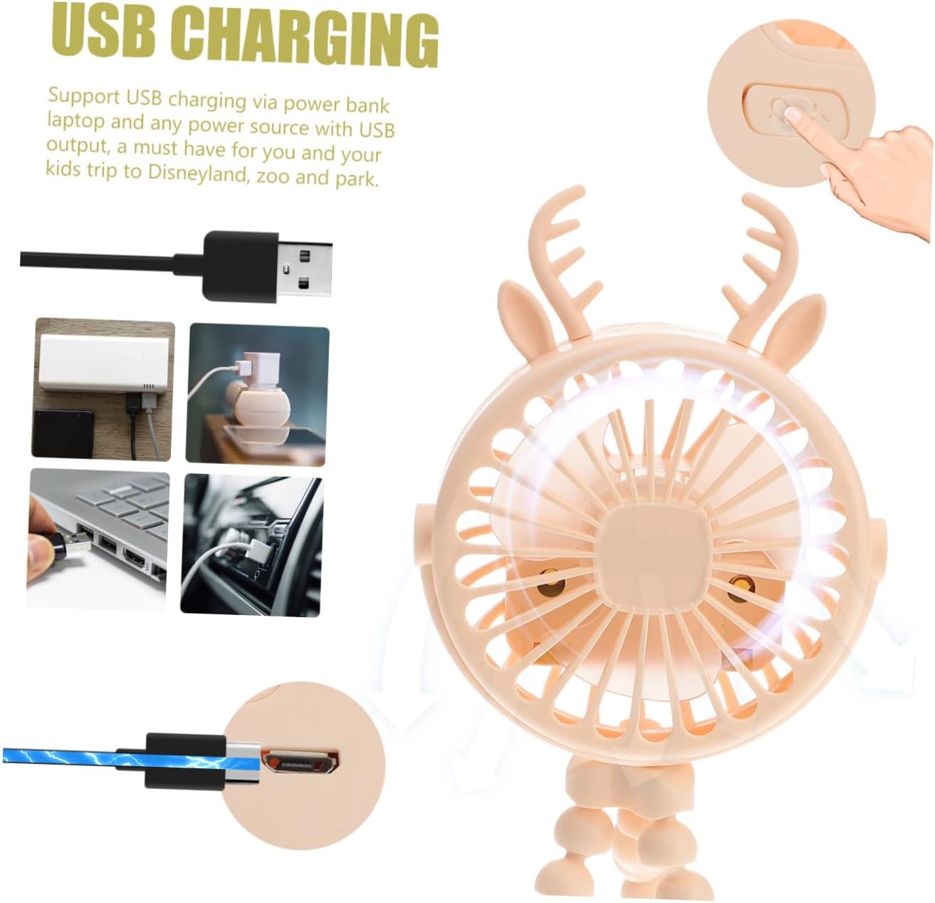 DOITOOL 1pc Usb Portable Fan Handheld Rechargeable Fan for Stroller Office Flexible Tripod Design Quiet Cooling Direction for Home Travel and Outdoor Use