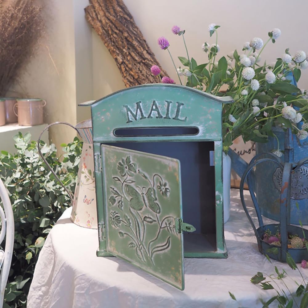 TentHome Boîte aux Lettres Murale et Verrouillable en Fer Forgé avec Rabat pour Maison de Campagne (Vert)