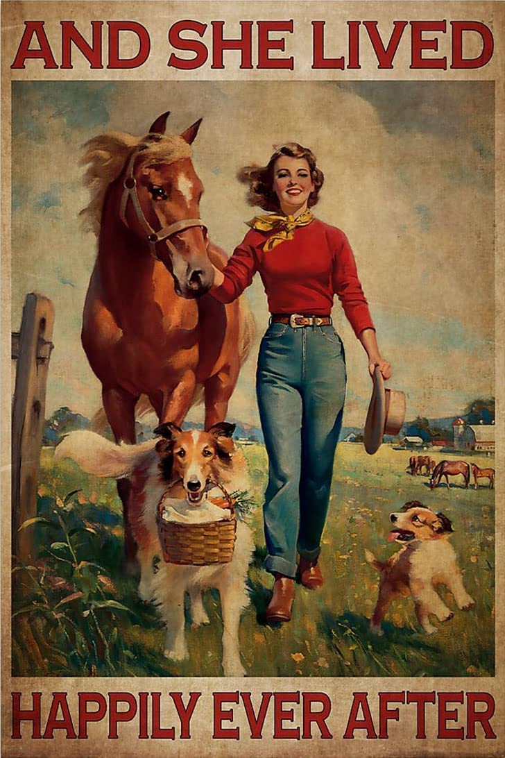 Metal Tin Retro Sign- Vintage Girl with Horse and Dogs Metal Poster, She Lived Happily Ever After Metal Poster Tin Sign 8x12 Inch