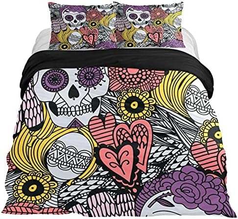 Duvet Covers Set Twin Mexican Skull Flower - Soft and Breathable Microfiber Comforter Bedding Set with Zipper Closure for Kids Women Men, 1 Duvet Cover 2 Pillowcase