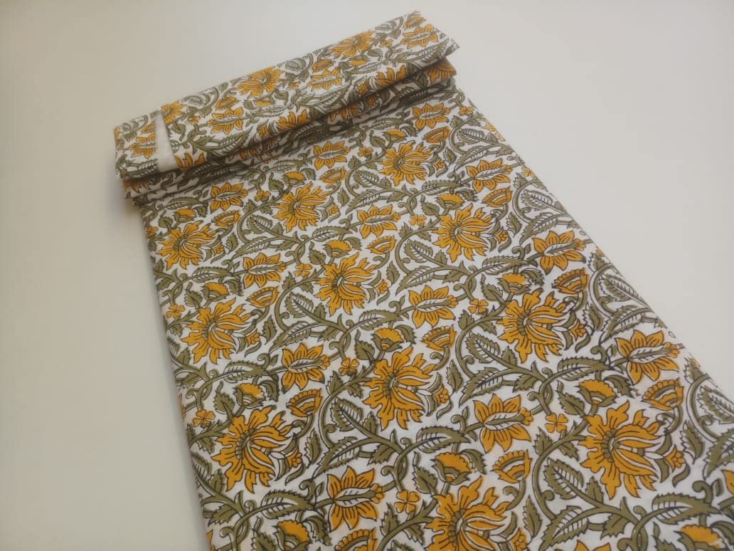 Fashionmart Floral Printed Cotton Fabric Cloth Hand Block Print Fabric Women Material Running Jaipuri Hand Block Printed Women Dress Material Kurtis Natural 44" Inches Width 2.5 Meter (Pattern 2)