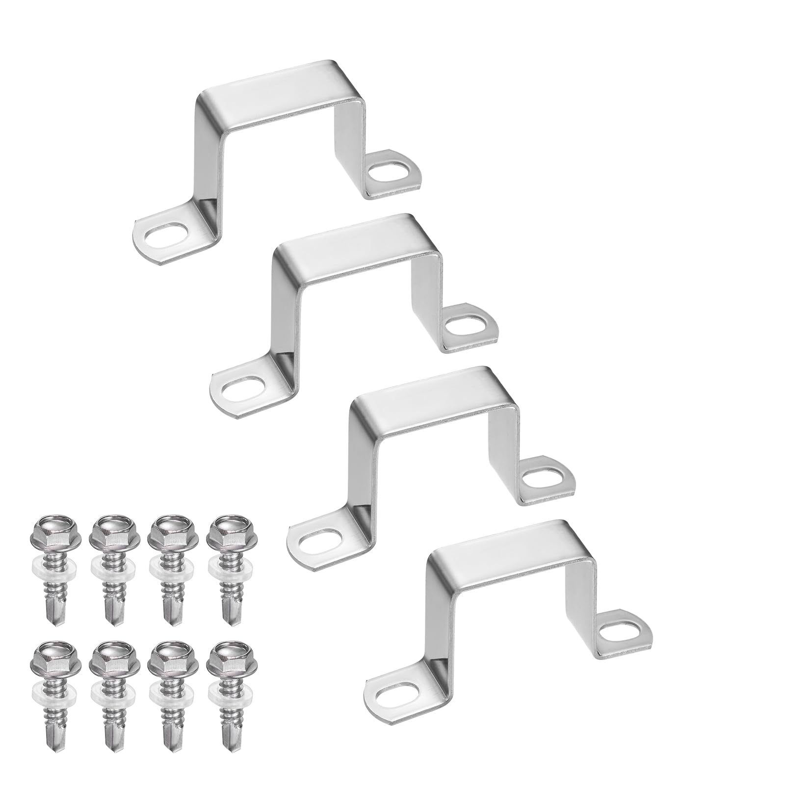 sourcing map 4set U Shaped Connector Bracket 38x38mm 304 Stainless Steel Square Pipe Clamp with Self Tapping Screw Square Tube Buckle for Pipe Hose Cable Automotive Parts, Silver — image 1