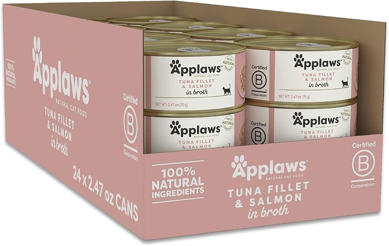 Ração úmida para gatos Applaws Atum em filé com salmão em caldo, 24 latas de 70 g