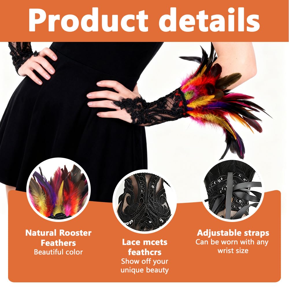 ZSUIQIN 1 Pair Feather Wrist Cuffs,Feather Gloves,Long Lace Fingerless Gloves,Suitable for Bonfire Nights Celebrations - Image 4