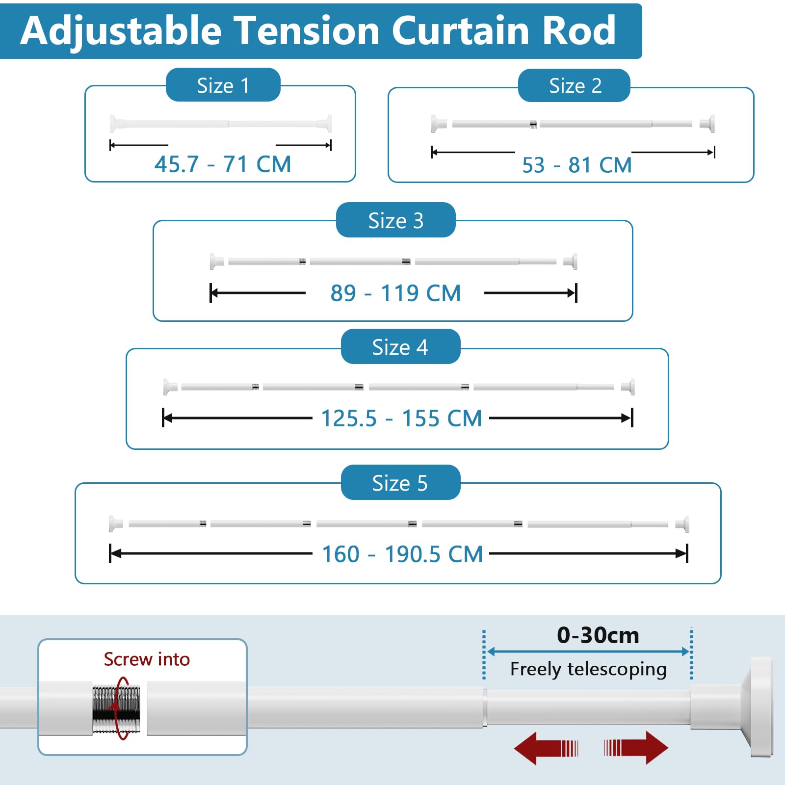 WELDUN Extendable Shower Curtain Rod, Curtain Tension Pole 48-190CM, No Drill Telescopic Curtain Pole - Image 4