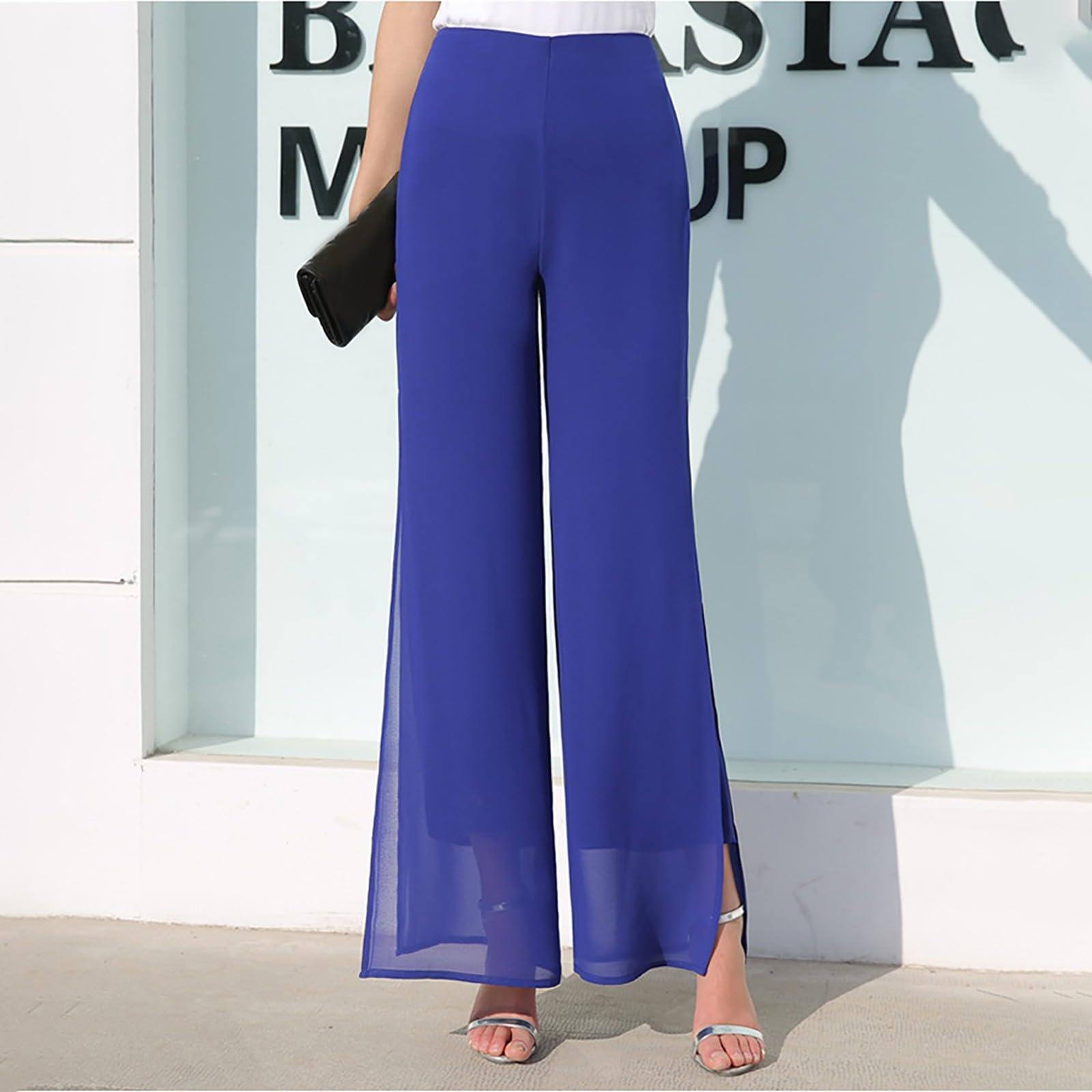 Pantalon Femme Léger en Mousseline de Soie Haute Élastique Modèle Fluide à Jambe Droite Évasée pour Événements #303