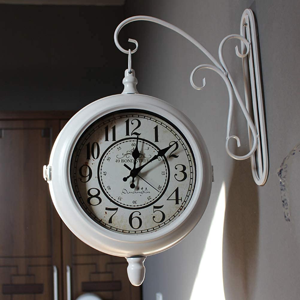 XJBTBA Orologio da Parete Orologio da Parete Orologi da Giardino per Esterni Rotondo, Orologio con Staffa, Orologi da Parete silenziosi su Due Lati Soggiorno, Orologio da Parete in Ferro a Doppia