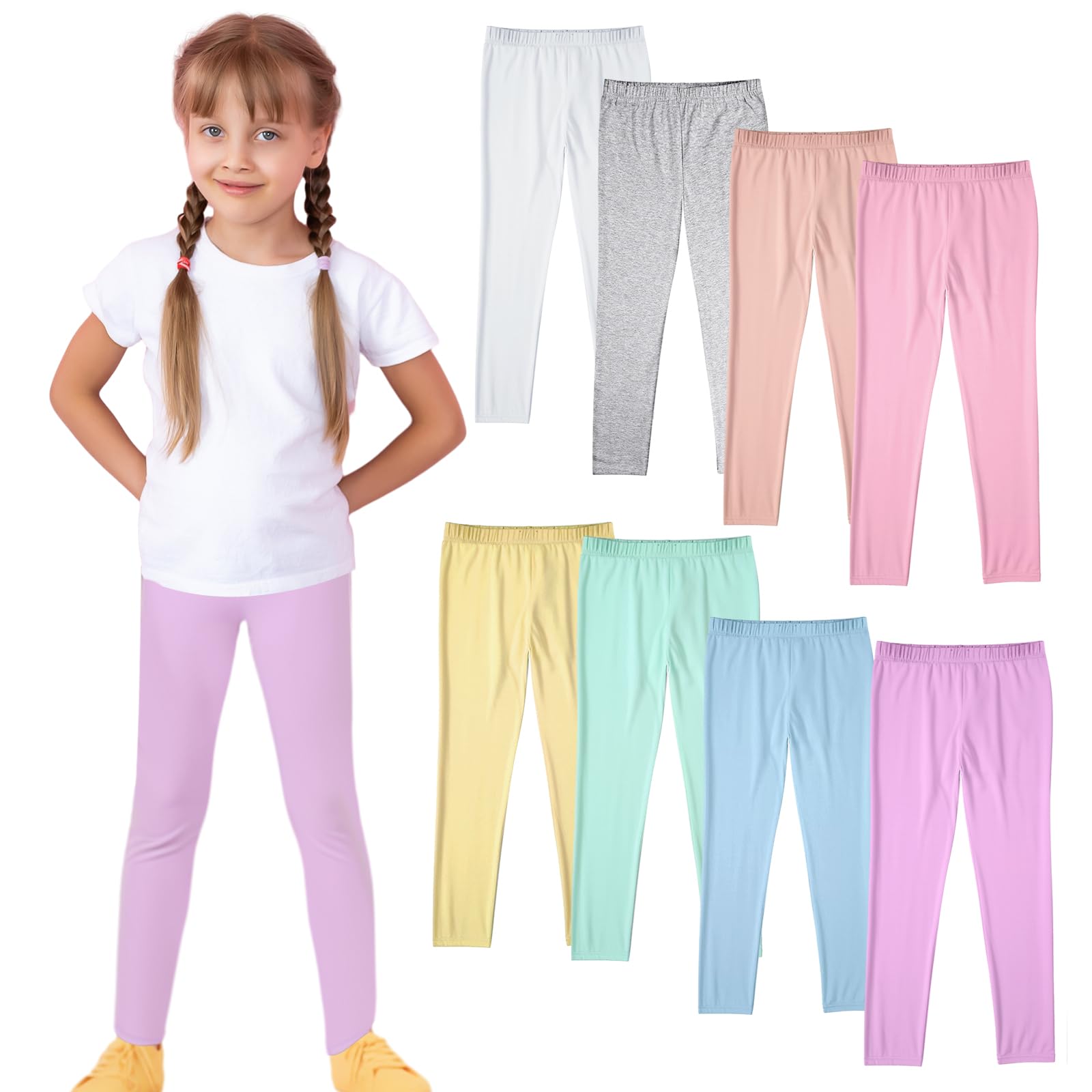 Ramede Mädchen-Leggings, volle Länge, einfarbig, weich, bequem, Stretch, Strumpfhose, Hose für Kinder, Mädchen, Yoga, 8 Stück