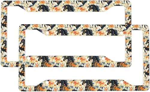 2 Pcs Car License Plate Frames for Women Men - Aluminum Solid Vintage Flower Black Horse Print License Plate Cover for Car Accessories for Women Men