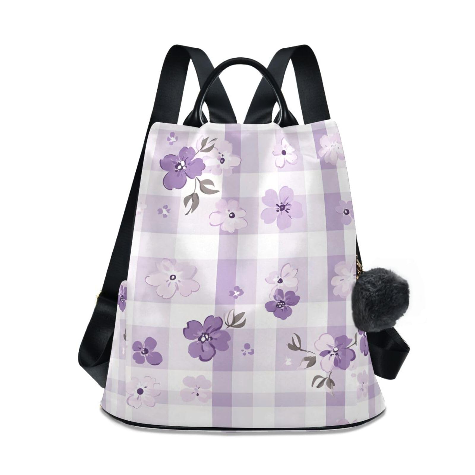 Purple Flowers Checkered Gingham Backpack for Women Anti Theft Large Fashion Travel Shoulder Bag Purse Rucksack Lightweight